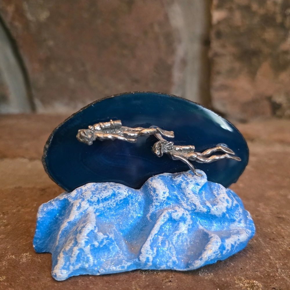 Vintage Scuba Diver Figurine Pewter Divers Blue Agate Slice candle holder